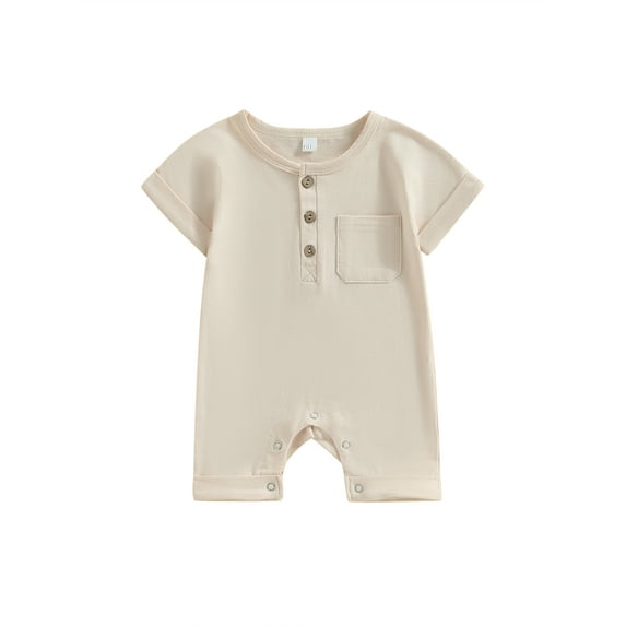 Cenuakty Baby Boys Girls Jumpsuit, Short Sleeve Button Down Round Neck Solid Color Romper Shorts