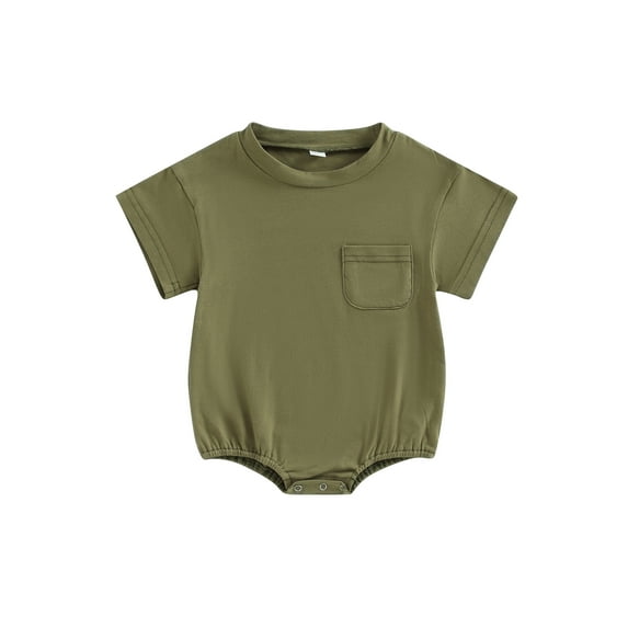 Cenuakty Baby Boys Girls Summer Romper Short Sleeve Round Neck Solid Color Chest Pocket Bodysuit Playsuit