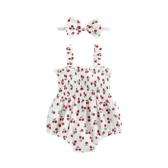 Cenuakty Baby Girl 2Pcs Summer Outfits, Sleeveless Cherry/Carrot/Tree Print Romper with Headband
