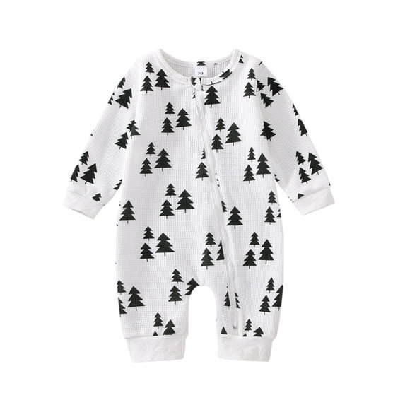 Cenuakty Baby Girl Boy Christmas Jumpsuit, Print Round Neck Long Sleeve Zip-Up Rompers for Toddlers, 0-18 Months