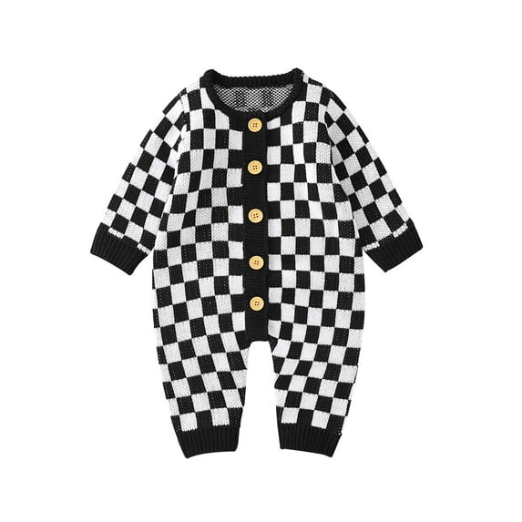 Cenuakty Baby Girl Boy Knitted Jumpsuit, Checkerboard Round Neck Long Sleeve Button Up Rompers for Toddlers, 0-24 Months