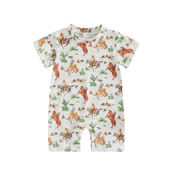 Cenuakty Baby Girl Boy Romper, Short Sleeve Round Neck Bull/ Cactus/ Horse Print Summer Short Jumpsuit