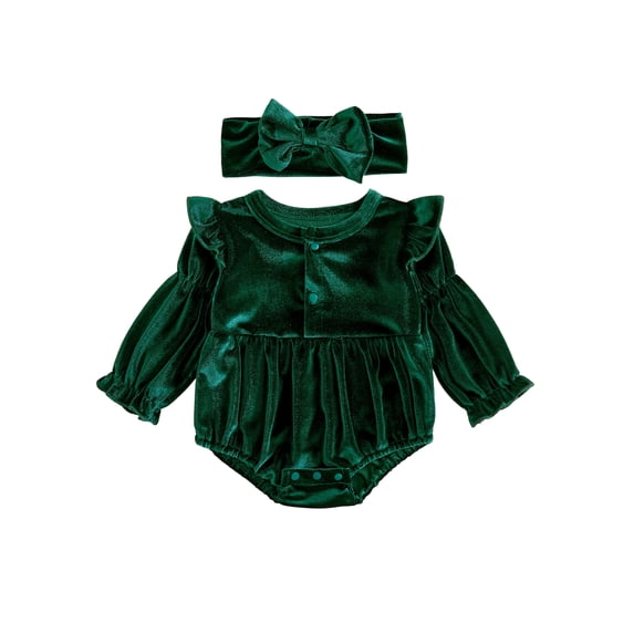 Cenuakty Baby Girl Christmas Outfit Long Sleeve Velvet Ruffle Romper and Headband
