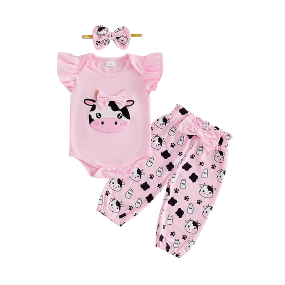Cenuakty Baby Girl Cow Outfit Cartoon Animal Flying Sleeve Romper Bow Pants with Headband 3 Piece Summer Set