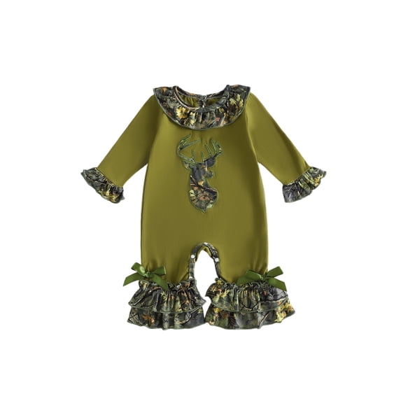 Cenuakty Baby Girl Fall Romper Deer Head Embroidery Ruffles Crew Neck Long Sleeve Infant Bodysuits Jumpsuits