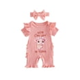thumbnail image 1 of Cenuakty Baby Girl Ribbed Jumpsuit Short Sleeve Ruffled Hem Letter Cow Print Romper with Headband Infant Summer Clothes, 1 of 9