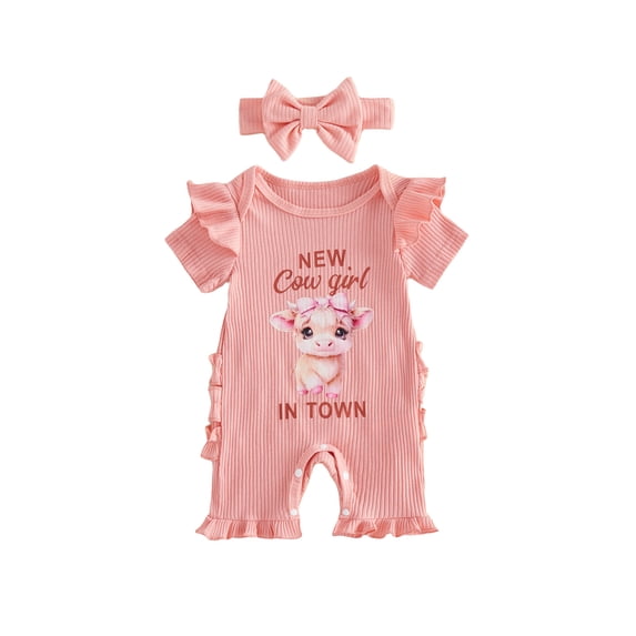 Cenuakty Baby Girl Ribbed Jumpsuit Short Sleeve Ruffled Hem Letter Cow Print Romper with Headband Infant Summer Clothes