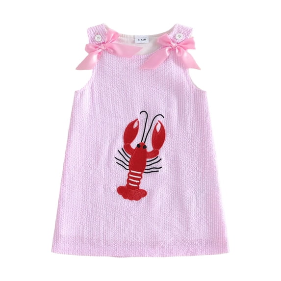Cenuakty Baby Girl Summer Dress Sleeveless Round Neck Lobster Embroidery A-Line Dress Toddler Casual Dress