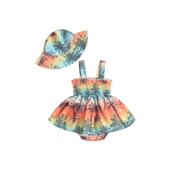 Cenuakty Baby Girl Summer Jumpsuit Tree Print Gradient Sleeveless Romper Dress and Sun Hat Set Cute Fashion Clothes Outfits