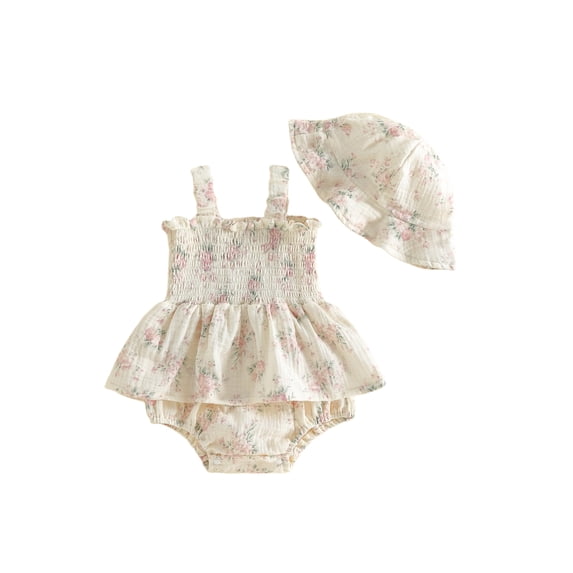 Cenuakty Baby Girl Summer Outfits Sleeveless Bow/Floral Print Skirt Romper with Hat Set Newborn Clothes
