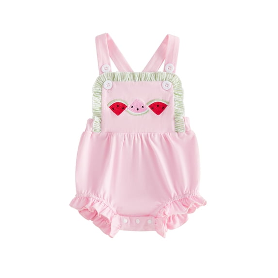 Cenuakty Baby Girl Summer Romper Casual Watermelon Embroidered Striped Trim Square Neck Sleeveless Jumpsuit