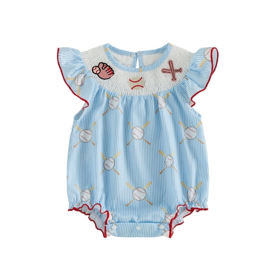 Cenuakty Baby Girl Summer Romper Loose Fit Baseball Embroidered Striped Smocked Crew Neck Flying Sleeve Jumpsuit