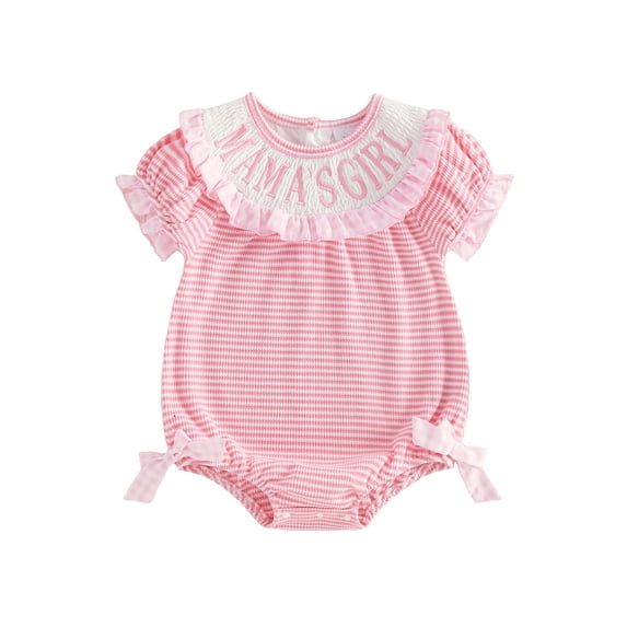 Cenuakty Baby Girl Summer Romper Plaid Ruffle Trim Letter Embroidered Striped Short Sleeve Bodysuit with Bows