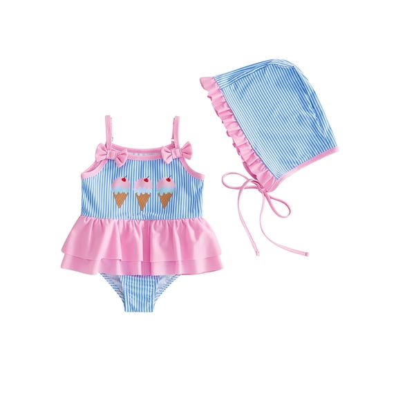 Cenuakty Baby Girl Swimsuit Sleeveless Ice Cream Print Bathing Suit Infant Striped Swimwear with Sun Hat