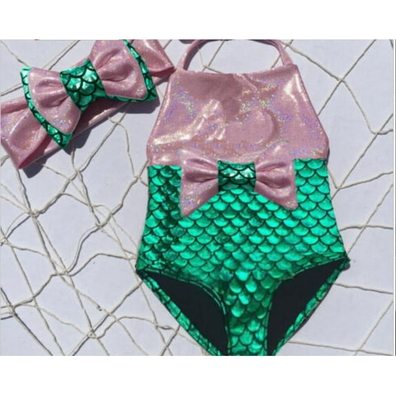 Cenuakty Baby Girl Swimwear Bodysuit, Two Pieces Toddler Kids Fish Scales Mermaid Swimsuit+Headband