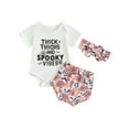 thumbnail image 1 of Cenuakty Baby Girls 3PCS Shorts Sets, White Short Sleeve Letter Print Romper Pumpkin/Floral/Skull Head Print Shorts Headband Sets, 1 of 9