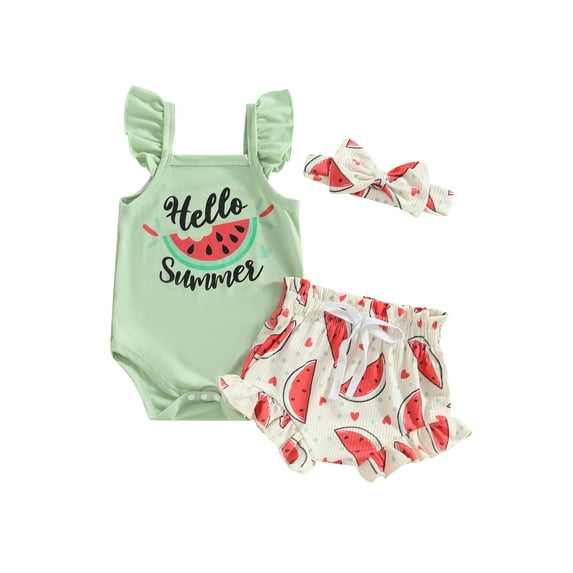 Cenuakty Baby Girls 3Pcs Summer Outfits, Sleeveless Ruffle Romper + Watermelon/Striped Shorts + Headband Set