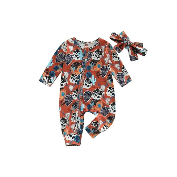 Cenuakty Baby Girls Autumn Casual Jumpsuit Long Sleeve Floral/Cattle Print Zipper Jumpsuit + Headband