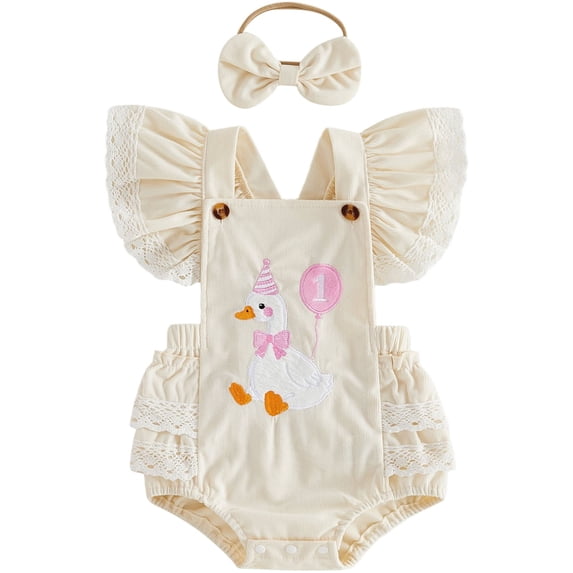 Cenuakty Baby Girls Birthday Romper Cute Goose/Elephant Embroidery Flutter Sleeves Jumpsuit and Headband Set Fashion Clothes