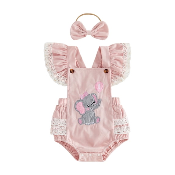 Cenuakty Baby Girls Birthday Romper Cute Goose/Elephant Embroidery Flutter Sleeves Jumpsuit and Headband Set Fashion Clothes
