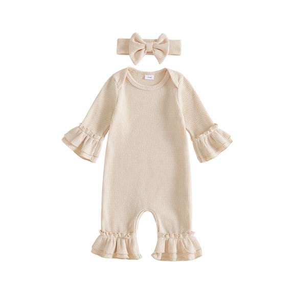 Cenuakty Baby Girls Fall Outfits Cute Solid Color Long Sleeve Romper and Headband