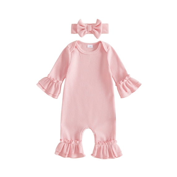 Cenuakty Baby Girls Fall Outfits Cute Solid Color Long Sleeve Romper and Headband