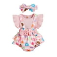 thumbnail image 1 of Cenuakty Baby Girls Outfits Set Fake Two Piece Suspender Bowknot Patchwork Donut/Flower Printed Ruffle Triangle Romper with Headband, 1 of 9