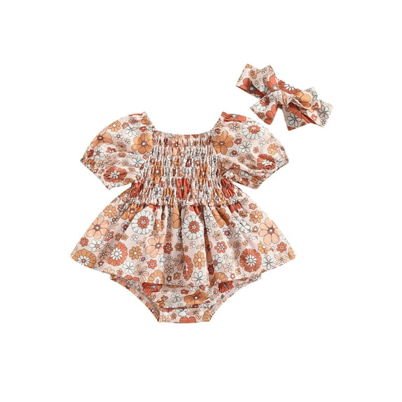 Cenuakty Baby Girls Romper Set, Short Sleeve Off-shoulder Pleated Flower Print A-line Dress with Headband for Toddlers