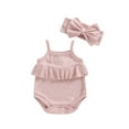 thumbnail image 1 of Cenuakty Baby Girls Rompers Solid Color Eyelet Knit Ruffles Spaghetti Strap Bodysuits Summer Clothes with Headband, 1 of 9