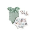 thumbnail image 1 of Cenuakty Baby Girls Shorts Set, Sleeveless Lace Patchwork Romper with Cow/Rainbow Print Shorts and Hairband, 1 of 9