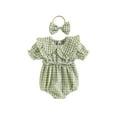 thumbnail image 1 of Cenuakty Baby Girls Summer Casual Romper Short Sleeve Doll Collar Plaid Playsuit + Bow Headband, 1 of 9