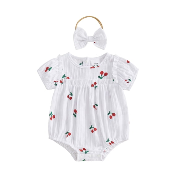 Cenuakty Baby Girls Sweet Cherry Print Short Sleeve Round Neck Romper and Headband Set