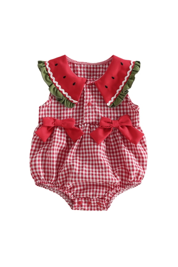 Baby Girls Watermelon Romper Adorable Cap Sleeve Doll Collar Plaid Jumpsuit for Daily Wear