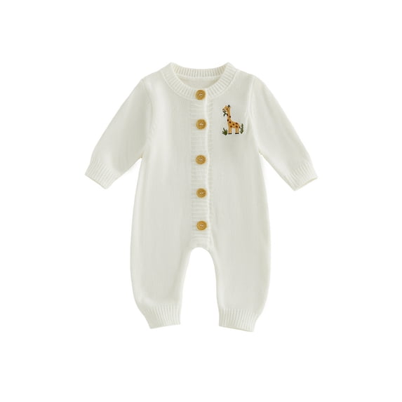 Cenuakty Baby Knit Romper Stylish Giraffe Embroidery Round Neck Long Sleeve Infant Sweater Jumpsuit Newborn Clothes