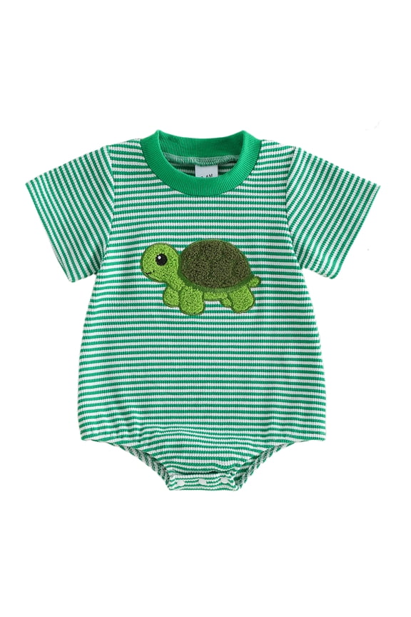 Baby Romper, Short Sleeve Crew Neck Stripes Embroidery Turtle Summer Bodysuit Clothes for Girls Boys