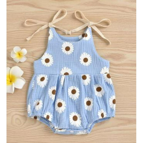 Cenuakty Baby Summer Rompers, Daisy Printing Tied Straps O-Neck Sleeveless Jumpsuit for Toddler Girls, 0-24 Months, 4 Colors