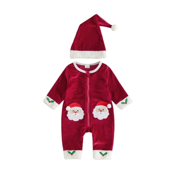 Cenuakty Boy Christmas Velvet Romper with Santa Hat Embroidery Zipper Jumpsuit