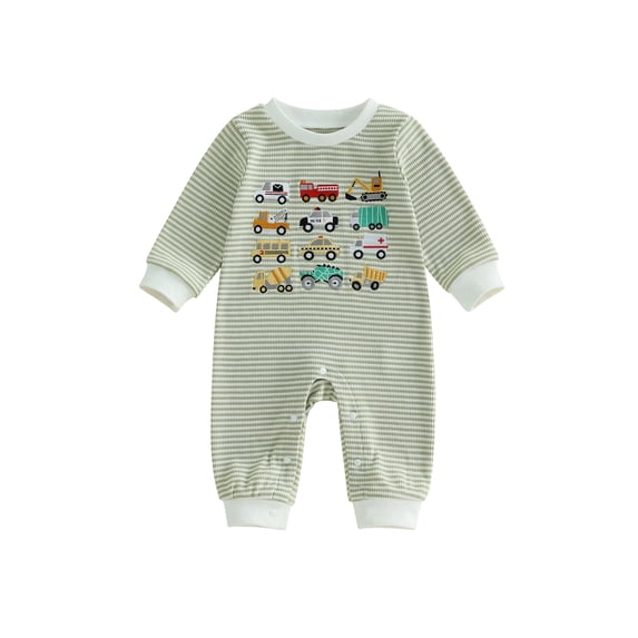 Cenuakty Boy Fall Romper Vehicle Pattern Striped Crew Neck Long Sleeve Jumpsuit
