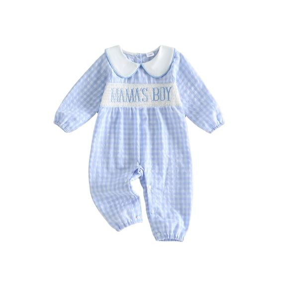Cenuakty Boy Plaid Romper Long Sleeve Letter Embroidery Bodysuit