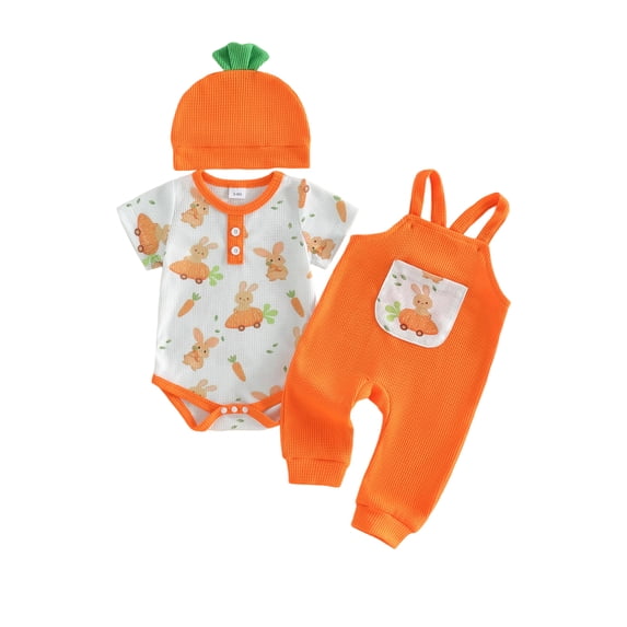 Cenuakty Easter Baby Boy 3 Piece Outfits Adorable Rabbit Print Short Sleeve Round Neck Jumpsuit and Overalls Hat Set