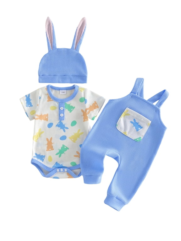 Easter Baby Boy 3 Piece Outfits Adorable Rabbit Print Short Sleeve Round Neck Jumpsuit and Overalls Hat Set