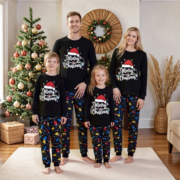 Cenuakty Family Parent-child Pajamas Letter String Lights Print Holiday Pajamas Sleepwear Dad Mom Kids PJs