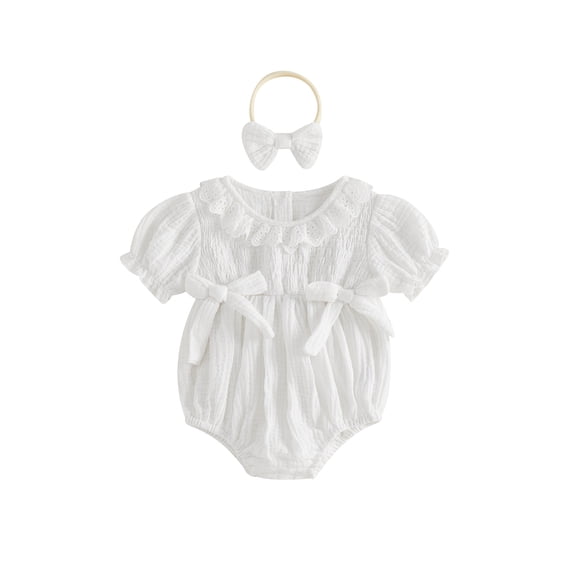 Cenuakty Girl 2 Piece Outfit Lace Trim Short Sleeve Smocked Bubble Romper and Bow Headband Cute Summer Clothes