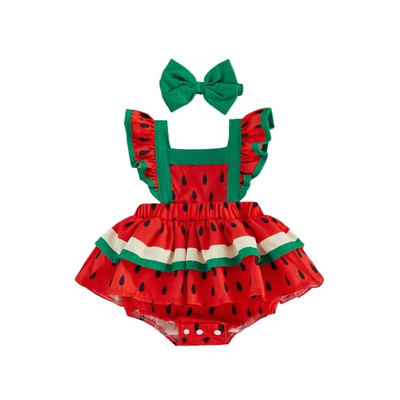 Cenuakty Girl Watermelon Print Fly Sleeve Romper with Bowknot Hairband Summer Clothes