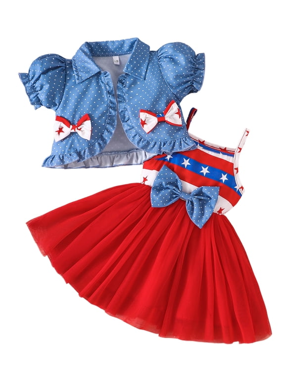 Girls 2-piece Outfit, Tulle Patchwork Slip Dress with Dots Jacket 4th of July Clothing