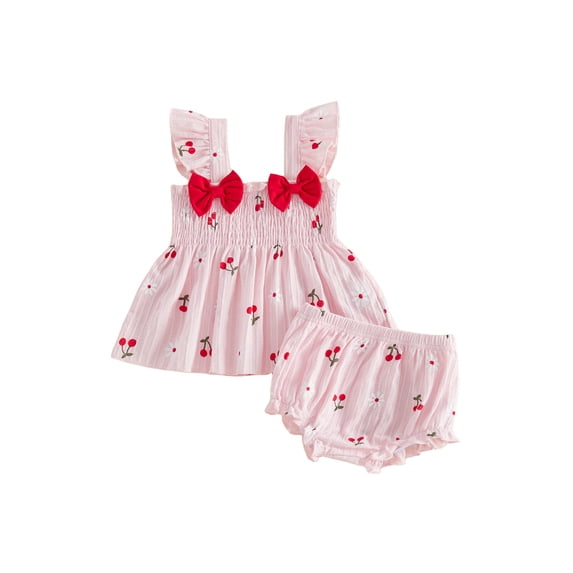 Cenuakty Infant 3M 6M 12M 18M 24M Girls Summer Outfits Flying Sleeve Square Neck Cherry Floral Print Smocked Vest Tops and Bloomer Shorts