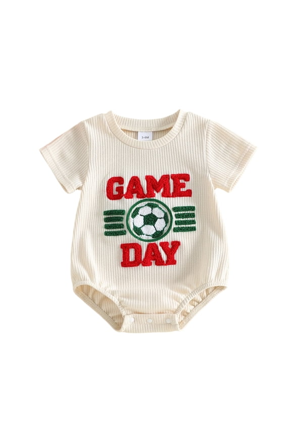 Infant 3M 6M 12M 18M Baby Summer Romper Fashionable Game Day Soccer Embroidery Short Sleeve Round Neck Jumpsuit