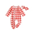 thumbnail image 1 of Cenuakty Infant Baby Christmas Footed Romper, Crutch/Plaid/Christmas Tree Print Long Sleeve Ruffled Zipper Jumpsuit + Headband, 1 of 9