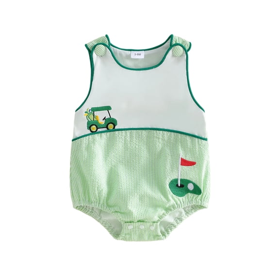 Cenuakty Infant Baby Girl Boy Romper Sleeveless Crew Neck Golf Themed Embroidery Striped Print Jumpsuit