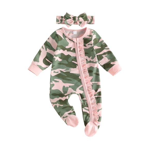 Cenuakty Infant Baby Girls Footed Romper Long Sleeve Camo Jumpsuit with Headband